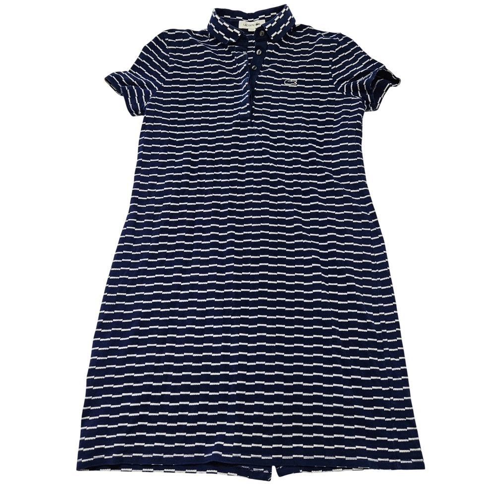 Lacoste Navy Blue White Striped Back Button Polo Mini Dress Sz M Preppy Nautical